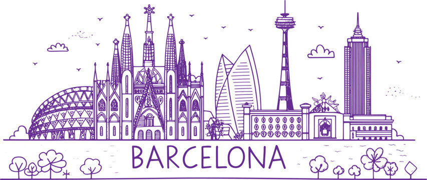 Barcelona Skyline Sketch with Sagrada Familia, Park G&uuml;ell, and La Rambla &ndash; Hand Drawn Cultural Line Art for Travel and Tourism Promotion