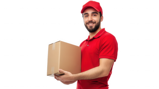 Man in red uniform holding a cardboard box against a black background with a friendly smile on transparent background