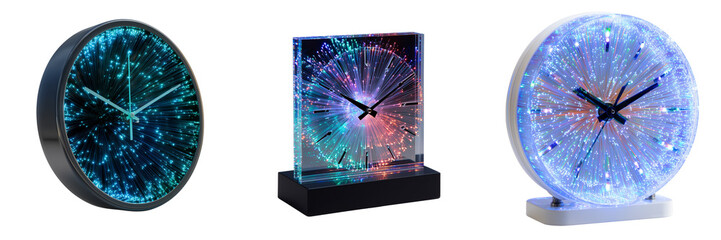 Set of A modern fiber optic display clock on transparent png background. Ai generated