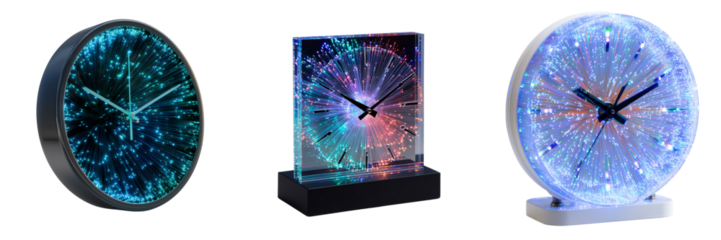 Set of A modern fiber optic display clock on transparent png background. Ai generated