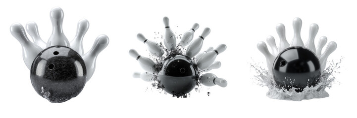 Set of A shiny black bowling ball crashing into a group of white pins, creating a dramatic splash effect on transparent png background. Ai generated