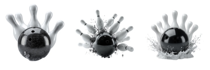 Set of A shiny black bowling ball crashing into a group of white pins, creating a dramatic splash effect on transparent png background. Ai generated