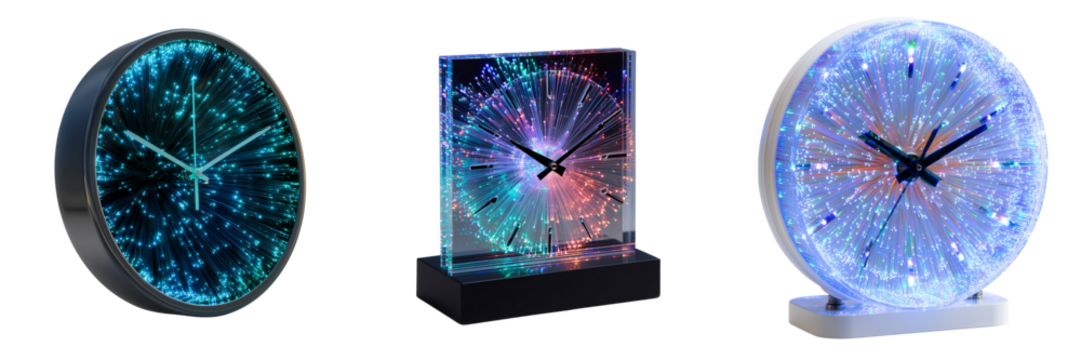 Set of A modern fiber optic display clock on transparent png background. Ai generated