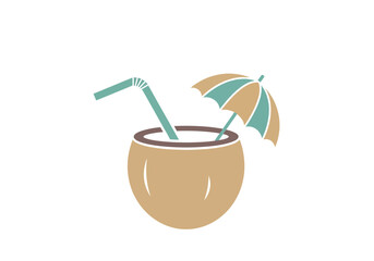 Coconut Drink with Straw and Umbrella Illustration.