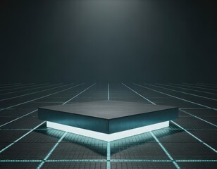 Futuristic platform with glowing grid floor and ambient lighting