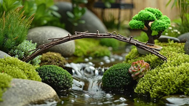 Tranquil miniature moss garden with flowing water under a curved twig arch