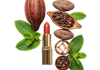Lipstick with cocoa pods and mint leaves still life isolated on transparent background