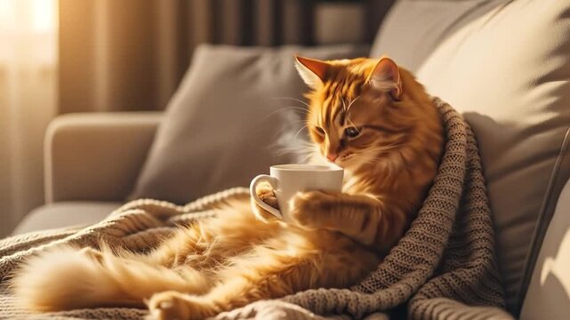Ginger cat relaxing on sofa with a cup of milk, cozy autumn mood