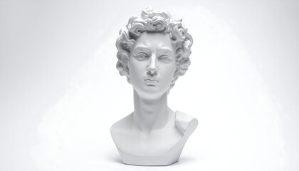 A white, classical bust of a male figure against a bright, white background