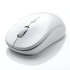 A wireless, white computer mouse, photographed against a plain white backdrop
