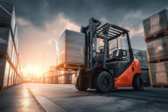 Vibrant forklift operation in a sunlit industrial warehouse setting