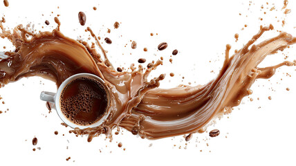 Coffee cup explodes with liquid against a stark black background