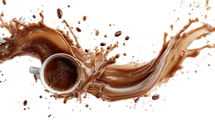 Coffee cup explodes with liquid against a stark black background
