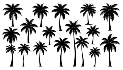 Array of various tropical tree silhouettes, black on white