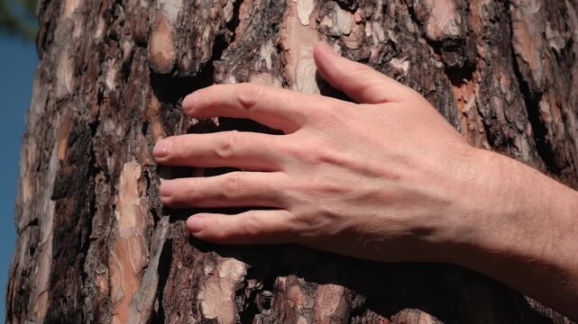 close-up male hand gently touching and stroking rough bark pine tree, showing deep connection with nature and environment on sunny day with clear blue sky.