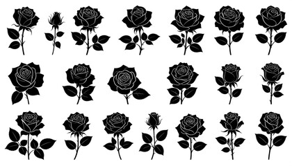 Black rose silhouettes on a white background, arranged in rows