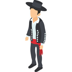 Pixel Art Man in Traditional Spanish Attire with Black Hat and Red Sash Standing Against a Transparent Background