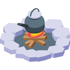 Pixel Art Kettle Heating Over Campfire With Wood Fire And Stone Circle In Flat Design