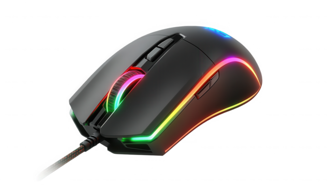 Ergonomic gaming mouse with customizable rgb lighting for competitive gameplay on transparent background