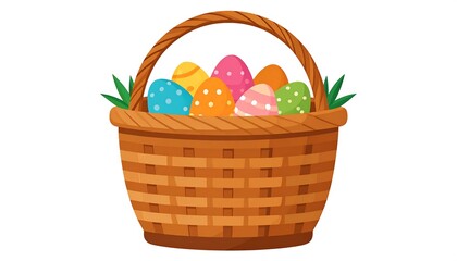 A woven basket overflowing with colorful, patterned eggs for the holiday