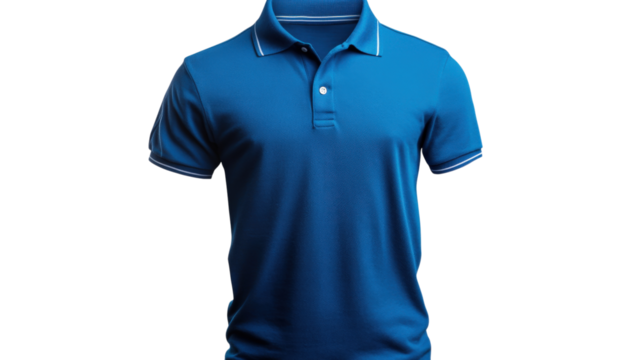 Blue polo shirt with white trim isolated on a transparent background