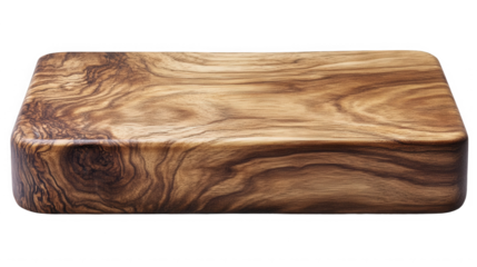A close up view of a rectangular wooden cutting board with a unique grain pattern on a black background on transparent background