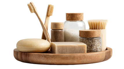 Natural bathroom essentials on a wooden tray, for self-care