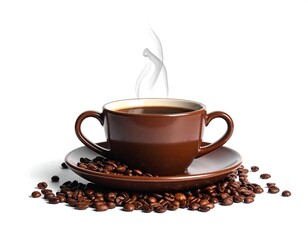 Cup of hot, dark liquid with steam, set on a saucer with roasted beans