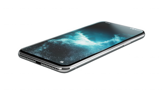 Modern smartphone displaying a vibrant abstract wallpaper on transparent background