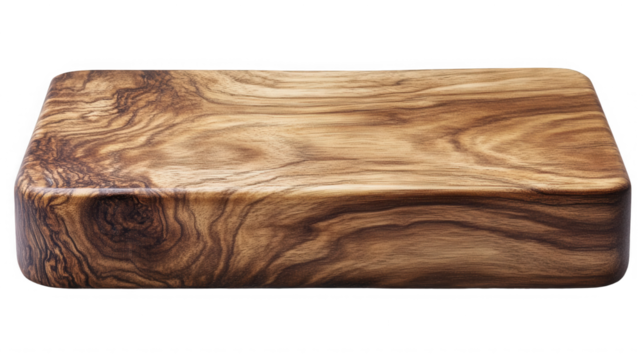 A close up view of a rectangular wooden cutting board with a unique grain pattern on a black background on transparent background