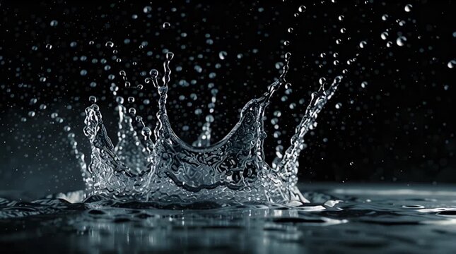 Dynamic water splash forms a crown with many droplets against a dark background