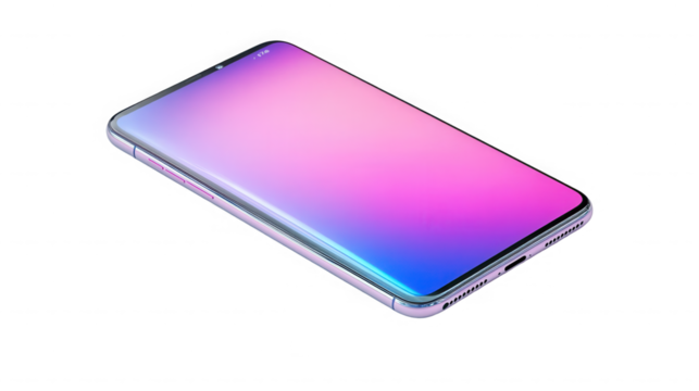 Modern smartphone with vibrant pink and blue gradient screen on transparent background