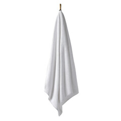 White towel draped, hanging from a dark wooden hook on black backdrop