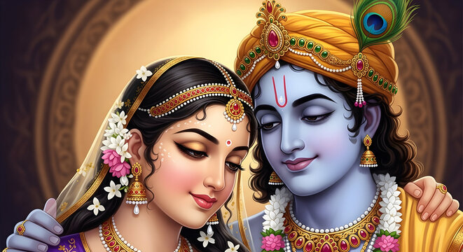 Close-up Portrait of Radha and Krishna Displaying Divine Love and Affection