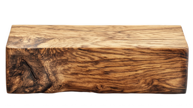 A rectangular block of wood showing the grain pattern on a black background in a studio shot on transparent background