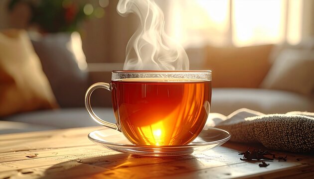 Close-up cinematic side shot of a glass of hot tea on a white table, steam rising softly, warm natural light from a window, minimalistic background