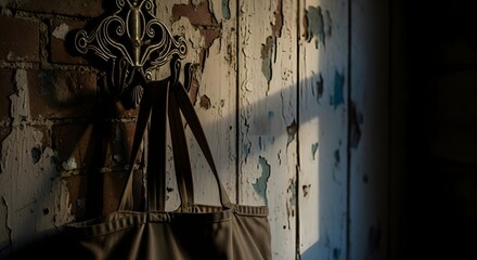 Rustic interior with peeling paint, brick wall, and a garment hanging on a decorative metal hook, bathed in sunlight. totebag, tote bag, tote-bag mockup for design and fashion.