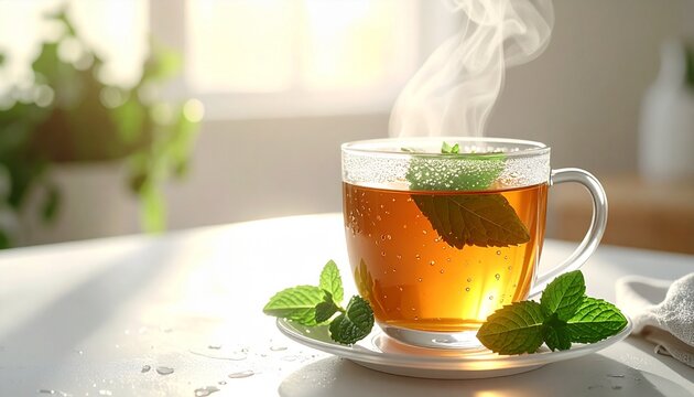 Close-up side shot of herbal tea in a clear glass cup on a white table, floating mint leaves visible, cinematic lighting with gentle shadows