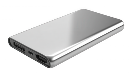 Silver power bank with multiple ports for charging electronic devices on the go on transparent background