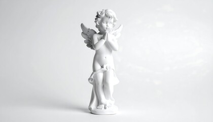 A white statue of a cherubic angel, praying against a clean backdrop