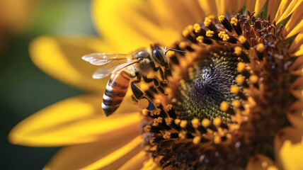 A busy honey bee with striped body and translucent wings gathers pollen from a bright yellow sunflower