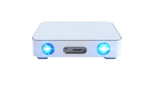 Modern white projector with blue lights for presentation on transparent background