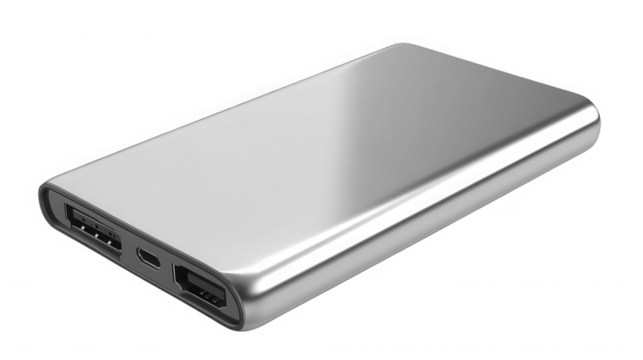 Silver power bank with multiple ports for charging electronic devices on the go on transparent background