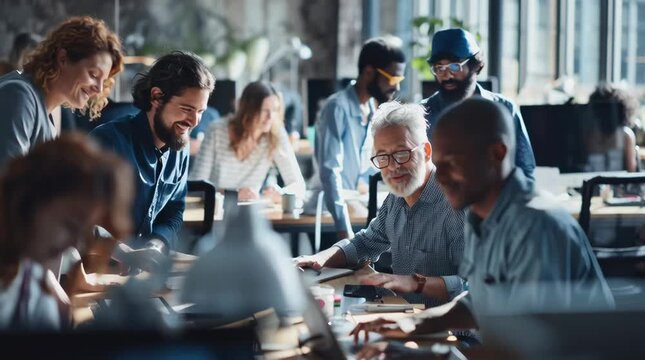 diverse engineers and developers collaborating on advanced technology project, futuristic yet human-centered workspace, Scandinavian design elements, inclusive group of men and women of all ages, warm