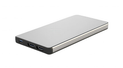 Fototapeta premium Silver portable hard drive with multiple ports for data transfer and connectivity on transparent background