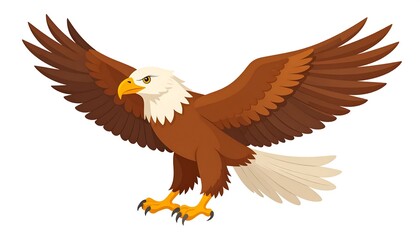 Cartoon style flying bird with brown feathers and white head