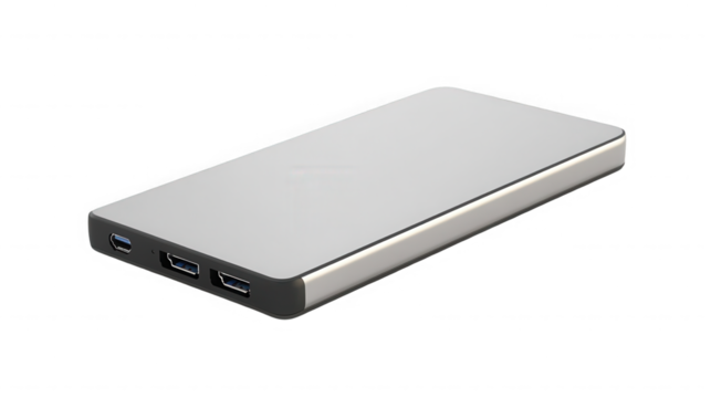 Silver portable hard drive with multiple ports for data transfer and connectivity on transparent background