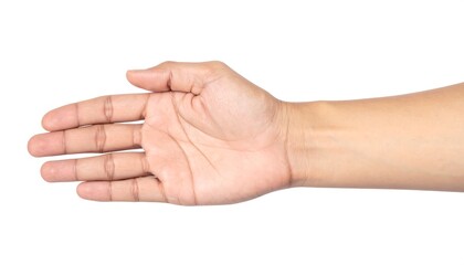Close-up of a human hand, palm facing up, isolated on white background