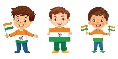 Indian republic day boyes cartoon with india flag, 26, january, inedpendence, 15, august, vector illustration, clip, art, character, celebration, orange, green, saffron