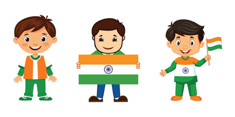 Indian republic day boyes cartoon with india flag, 26, january, inedpendence, 15, august, vector illustration, clip, art, character, celebration, orange, green, saffron